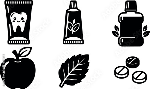 Black and white healthy oral care icons with apple leaf and pills
