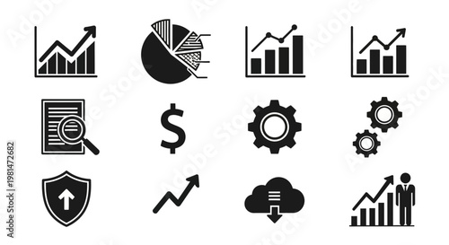 A set of black and white vector icons representing business and finance concepts
