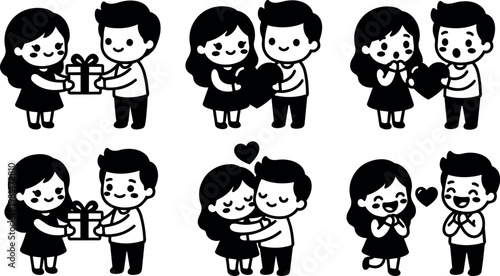 Couple exchanging gifts and hearts with affectionate expressions