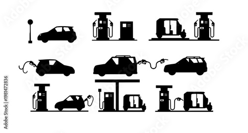 Modern petrol pump vector set with geometric cars and auto rickshaw fueling at gas station
