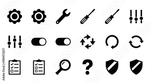 A set of black and white icons representing various tools and symbols for design and technology