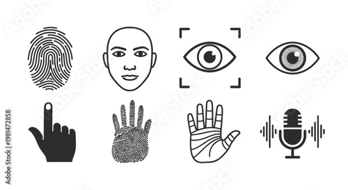 A set of black and white vector icons depicting various biometric identification symbols