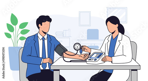 Doctor measuring patient's blood pressure in a modern clinic, healthcare checkup
