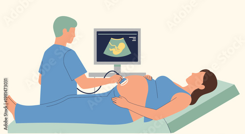Doctor performs ultrasound on pregnant woman, showing baby on screen