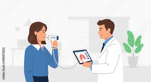 Doctor performs lung function test on woman using spirometer and tablet