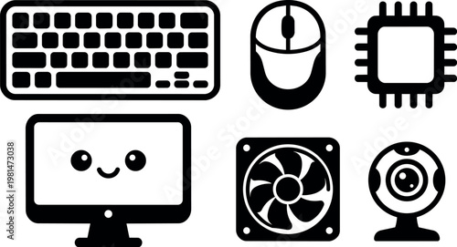 Black and white computer components keyboard mouse monitor webcam fan chip vector art