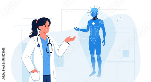 Doctor presenting advanced AI robot for futuristic medical diagnosis and healthcare innovation