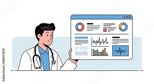 Doctor presenting medical data analytics on a digital dashboard with charts and graphs
