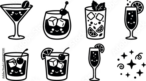Black and white happy cocktail glasses with garnishes and bubbles vector art