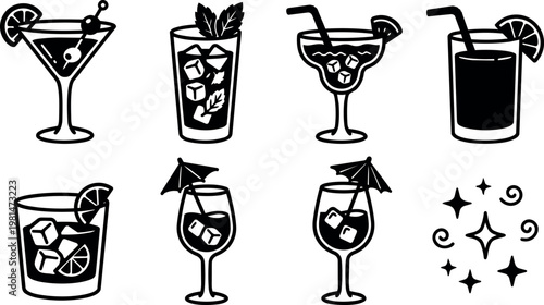 Black and white line art cocktail drinks with ice cubes citrus and umbrellas