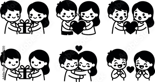 Black and white cute couple holding gifts hearts hugging smiling vector art