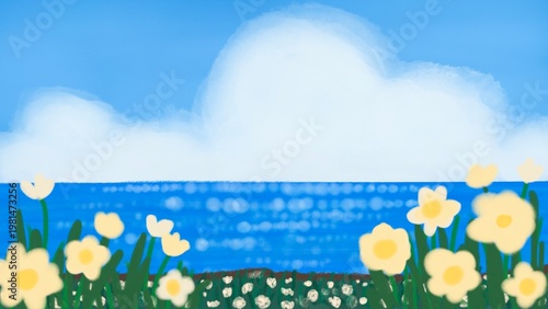 Obraz na płótnie Sunny Oceanic Vista Framed by Pale Blossom Clusters