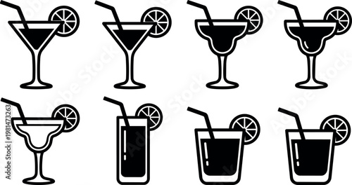 Black and white cocktail glass icons with straws and lemon slices vector art