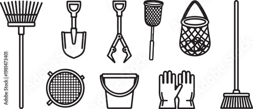 A collection of tools and utensils including brooms and cooking items Vector