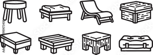 A collection of minimalist wooden chairs and stools in various styles Vector