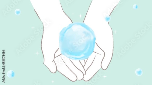 手のひらに浮かぶ水の球体とキラキラ光っている光