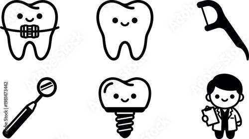 Black and white cute tooth with braces tooth implant and dental tools vector art