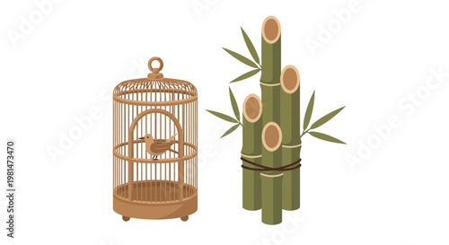 Bamboo And Birdcage With Bird