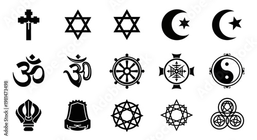 Collection of Religious Symbols: Christianity, Judaism, Islam, Hinduism, Buddhism, Taoism, Sikhism