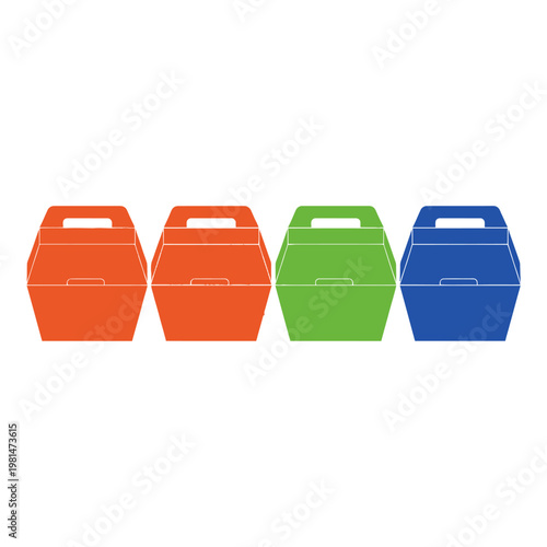 Four colorful takeout food boxes with handles, isolated on white background