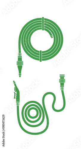 Green Garden Hose Coil and Spray Nozzle Icon Set