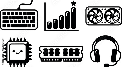 Black and white icons of keyboard computer chip ram headset and cooling fan