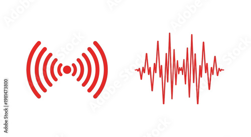 Red Sound Wave and Signal Icon on White Background