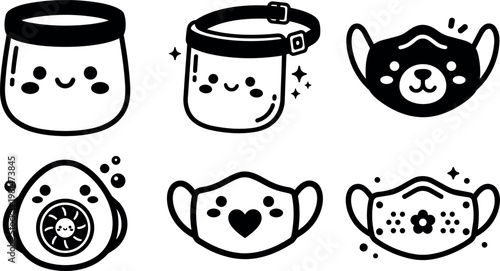 Cute black and white face shield and mask icons with smiling expressions and decorative details