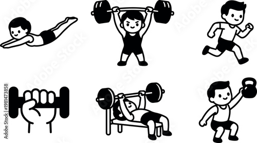 Children lifting weights running and exercising