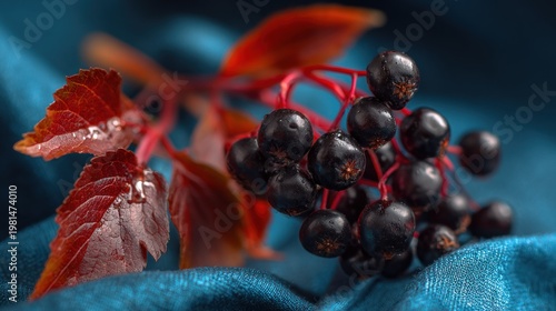 Deeply colored small fruits cluster beside rich red foliage resting on blue fabric