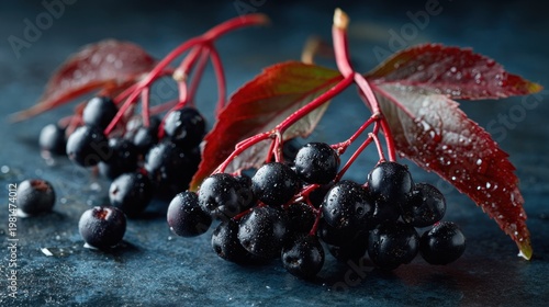 Clusters of dark purple berries with wet, deep red foliage rest upon a textured, cool surface