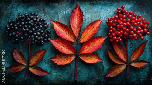 Striking contrast achieved with bright red and dark purple berries beside intensely colored foliage against a textured background.