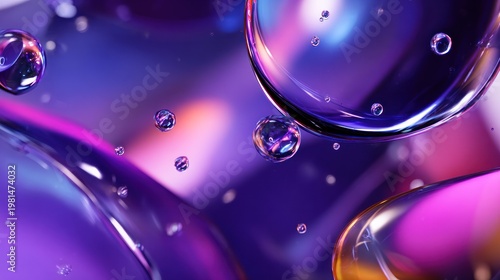 Luminous spheres float within a vibrant, abstract liquid environment saturated with violet and magenta light.