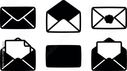 Black silhouette envelope icons with letter and seal in flat vector art