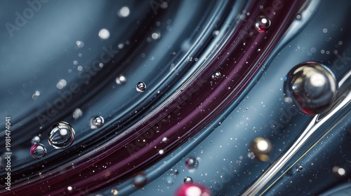 Dynamic swirl of viscous fluids and reflective spheres creates an abstract macro composition.