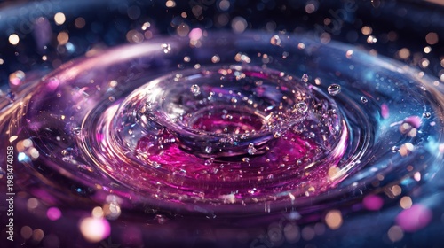 Dynamic liquid vortex swirling with vibrant pink and blue illumination and suspended droplets