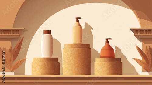 Three cosmetic containers are displayed on textured pedestals within a warmly lit architectural setting.