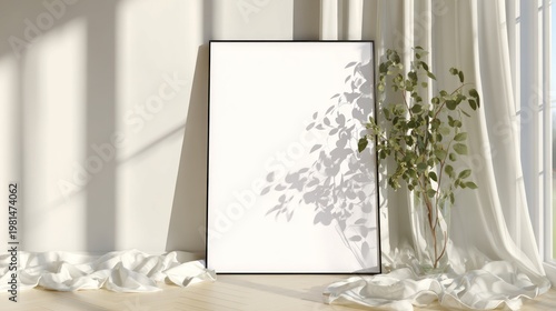 Blank picture frame mockup rests against a bright wall beside sheer curtains and a leafy plant