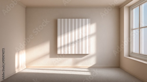 Empty interior room bathed in soft natural light streaming through a large window