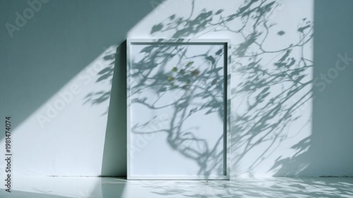 Blank picture frame stands against a wall receiving dramatic shadows from nearby foliage
