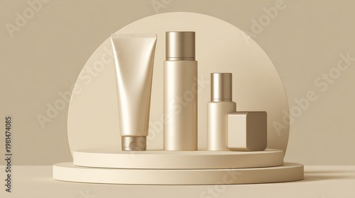 Group of elegant cosmetic containers displayed on a circular podium with soft lighting
