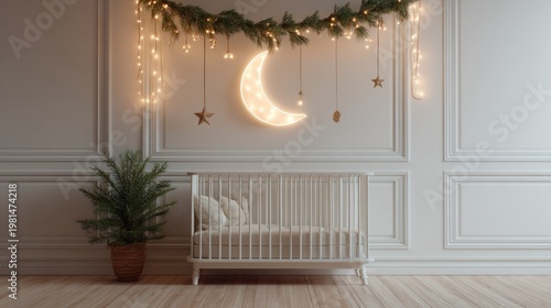 Illuminated crescent moon decoration hangs above a white crib in a softly lit room