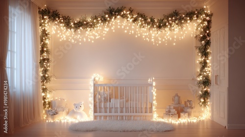 Brightly illuminated evergreen garland frames a cozy nursery setup for the winter holiday season