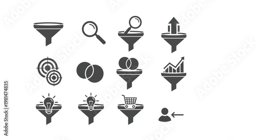 A set of black and white vector icons depicting business and marketing concepts