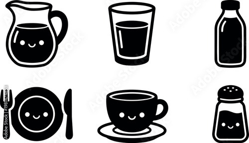 Black and white kawaii style happy food and drink icons vector art