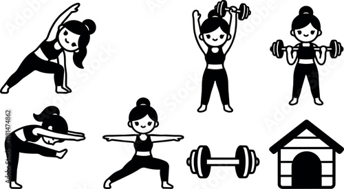 Woman doing yoga poses and lifting weights with pet house