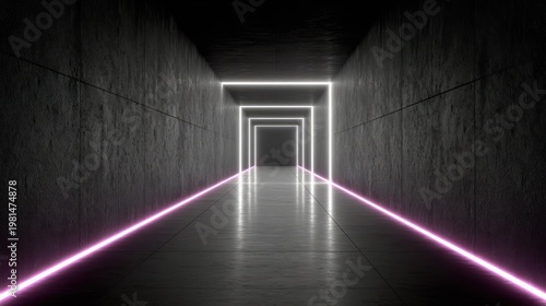 Dark concrete hallway illuminated by parallel neon light strips receding into the distance