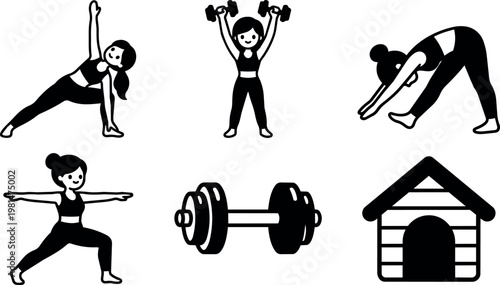 Women exercising with dumbbells and stretching poses with doghouse icon