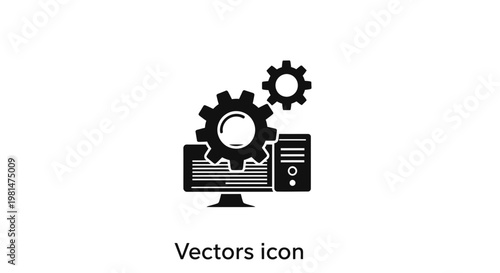 A minimalist vector icon of a computer with gears representing settings and configuration