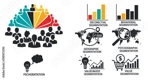 A vector graphic illustrating various marketing segmentation concepts, including demographic, geographic, and psychographic analysis.